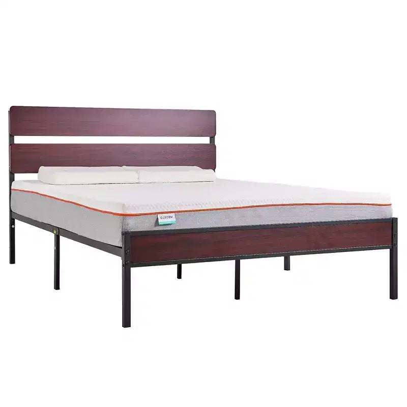 VECELO Queen/King Size Bed Frame with Wooden Headboard, Metal Bed Platform No Box Spring Needed with Heavy Duty Steel Slat, Brown