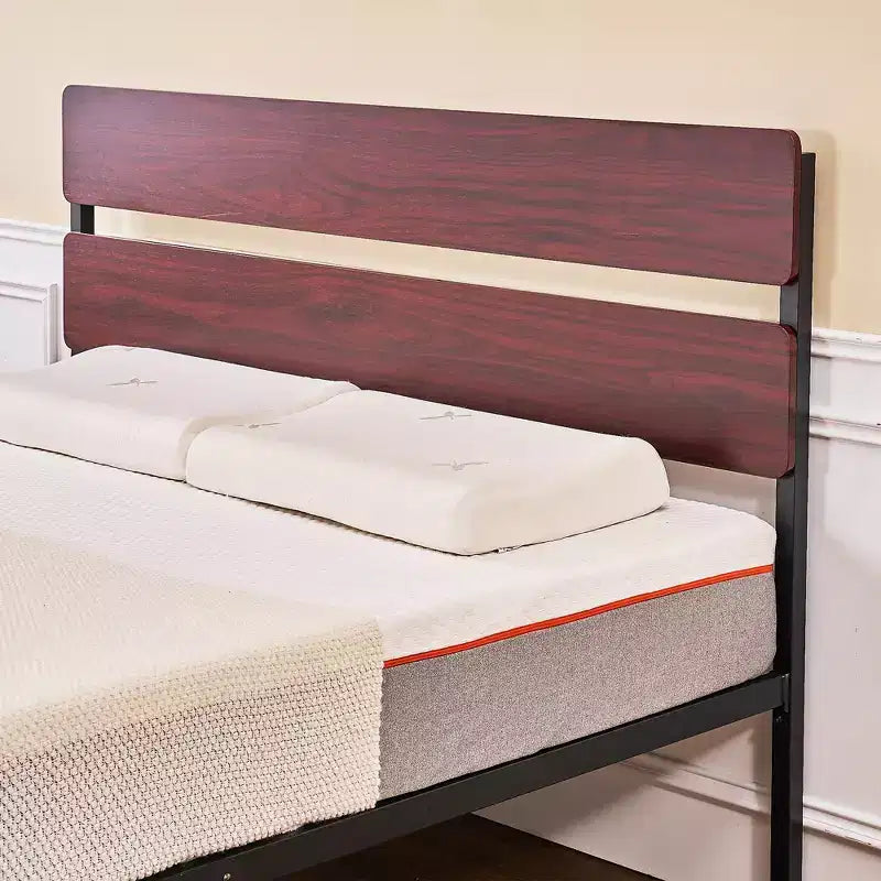 VECELO Queen/King Size Bed Frame with Wooden Headboard, Metal Bed Platform No Box Spring Needed with Heavy Duty Steel Slat, Brown