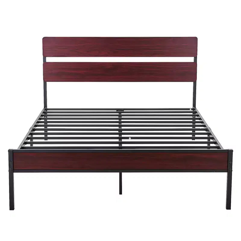 VECELO Queen/King Size Bed Frame with Wooden Headboard, Metal Bed Platform No Box Spring Needed with Heavy Duty Steel Slat, Brown