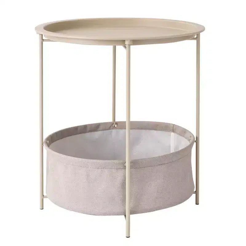 VECELO Round Side/End Table with Fabric Storage Basket, Metal Anti-Rust and Waterproof Small Bedside Nightstand with Removable Tray Top