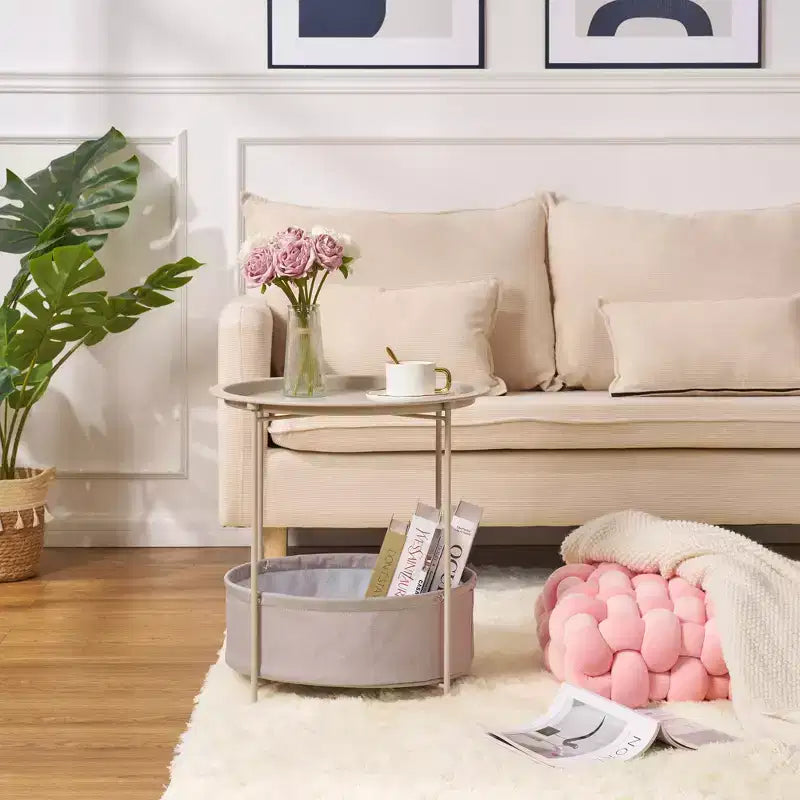 VECELO Round Side/End Table with Fabric Storage Basket, Metal Anti-Rust and Waterproof Small Bedside Nightstand with Removable Tray Top