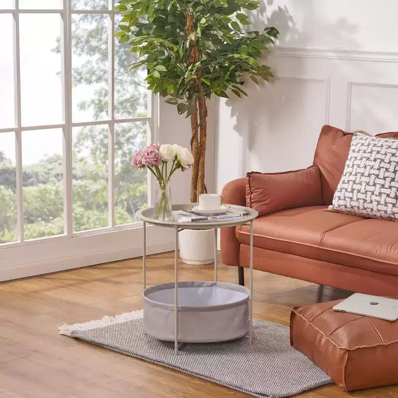VECELO Round Side/End Table with Fabric Storage Basket, Metal Anti-Rust and Waterproof Small Bedside Nightstand with Removable Tray Top