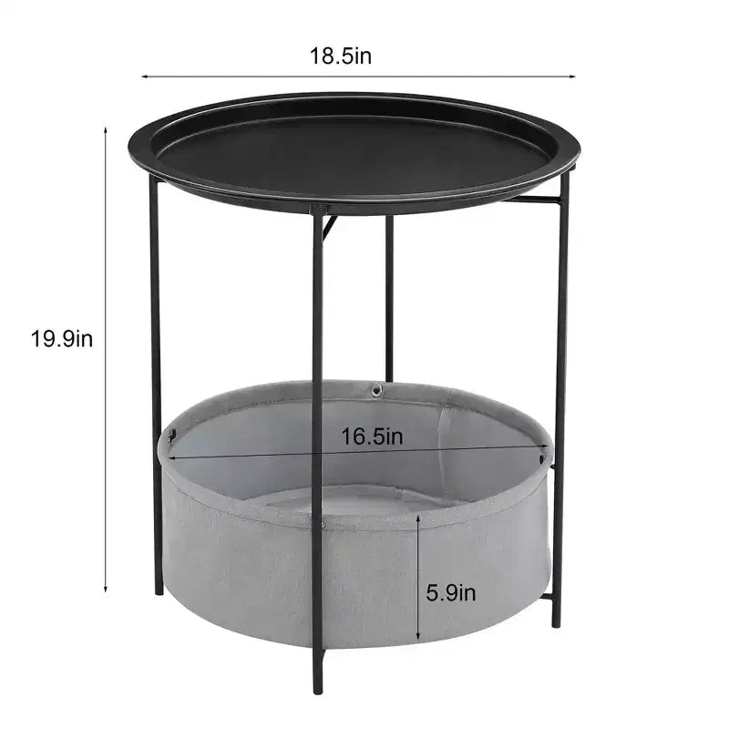 VECELO Round Side/End Table with Fabric Storage Basket, Metal Anti-Rust and Waterproof Small Bedside Nightstand with Removable Tray Top