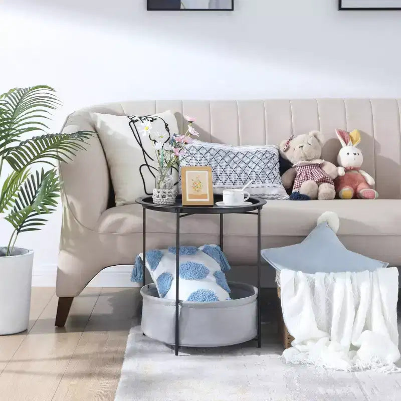 VECELO Round Side/End Table with Fabric Storage Basket, Metal Anti-Rust and Waterproof Small Bedside Nightstand with Removable Tray Top