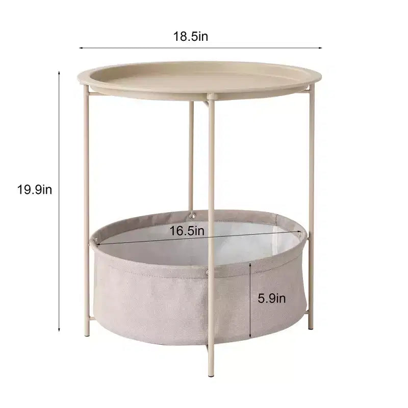 VECELO Round Side/End Table with Fabric Storage Basket, Metal Anti-Rust and Waterproof Small Bedside Nightstand with Removable Tray Top