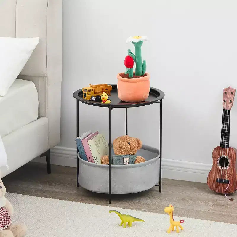 VECELO Round Side/End Table with Fabric Storage Basket, Metal Anti-Rust and Waterproof Small Bedside Nightstand with Removable Tray Top