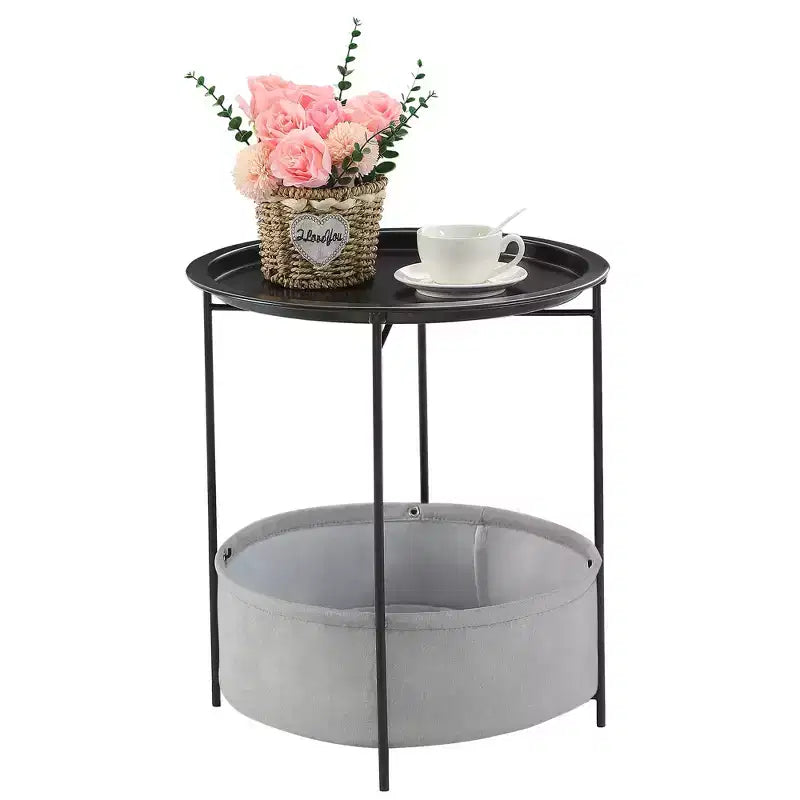 VECELO Round Side/End Table with Fabric Storage Basket, Metal Anti-Rust and Waterproof Small Bedside Nightstand with Removable Tray Top