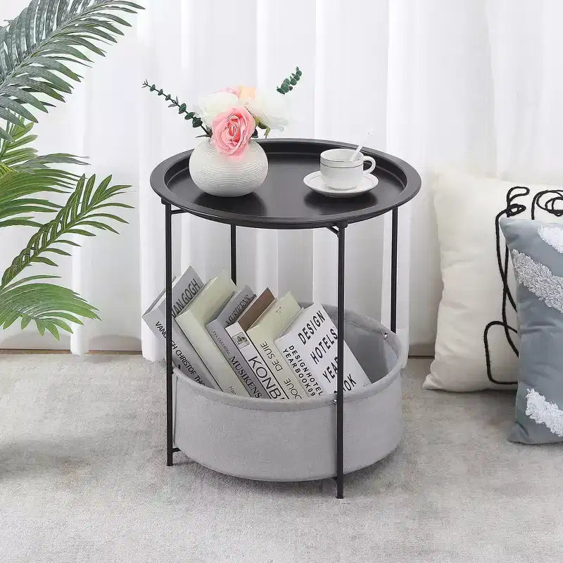 VECELO Round Side/End Table with Fabric Storage Basket, Metal Anti-Rust and Waterproof Small Bedside Nightstand with Removable Tray Top