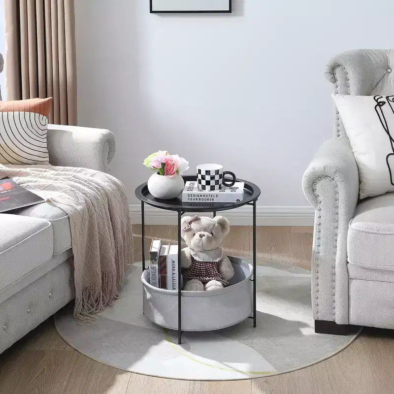 VECELO Round Side/End Table with Fabric Storage Basket, Metal Anti-Rust and Waterproof Small Bedside Nightstand with Removable Tray Top