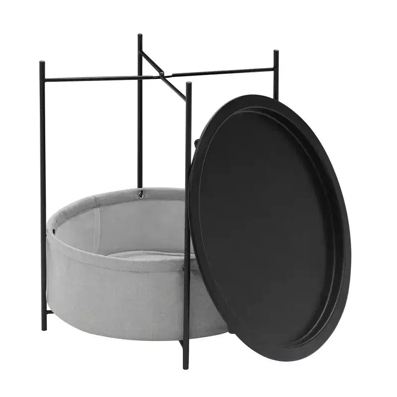 VECELO Round Side/End Table with Fabric Storage Basket, Metal Anti-Rust and Waterproof Small Bedside Nightstand with Removable Tray Top