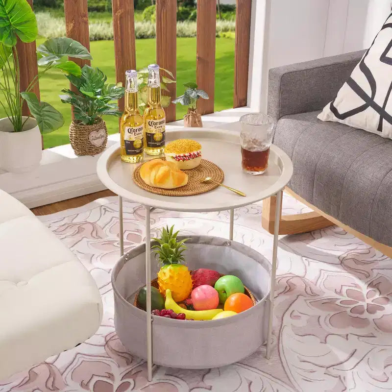 VECELO Round Side/End Table with Fabric Storage Basket, Metal Anti-Rust and Waterproof Small Bedside Nightstand with Removable Tray Top