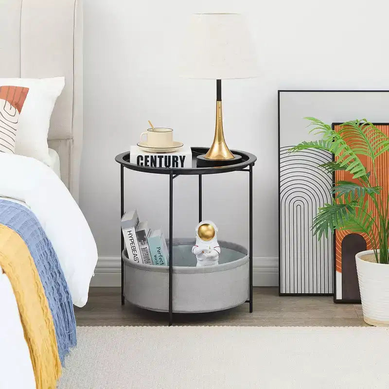 VECELO Round Side/End Table with Fabric Storage Basket, Metal Anti-Rust and Waterproof Small Bedside Nightstand with Removable Tray Top