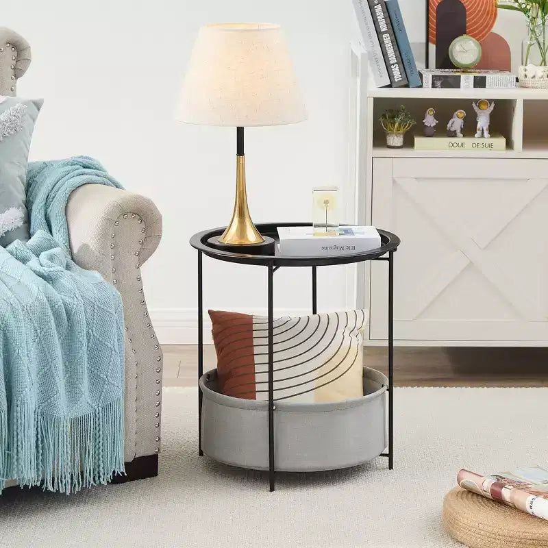 VECELO Round Side/End Table with Fabric Storage Basket, Metal Anti-Rust and Waterproof Small Bedside Nightstand with Removable Tray Top