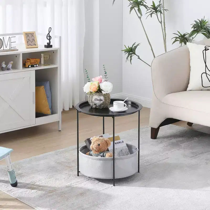VECELO Round Side/End Table with Fabric Storage Basket, Metal Anti-Rust and Waterproof Small Bedside Nightstand with Removable Tray Top