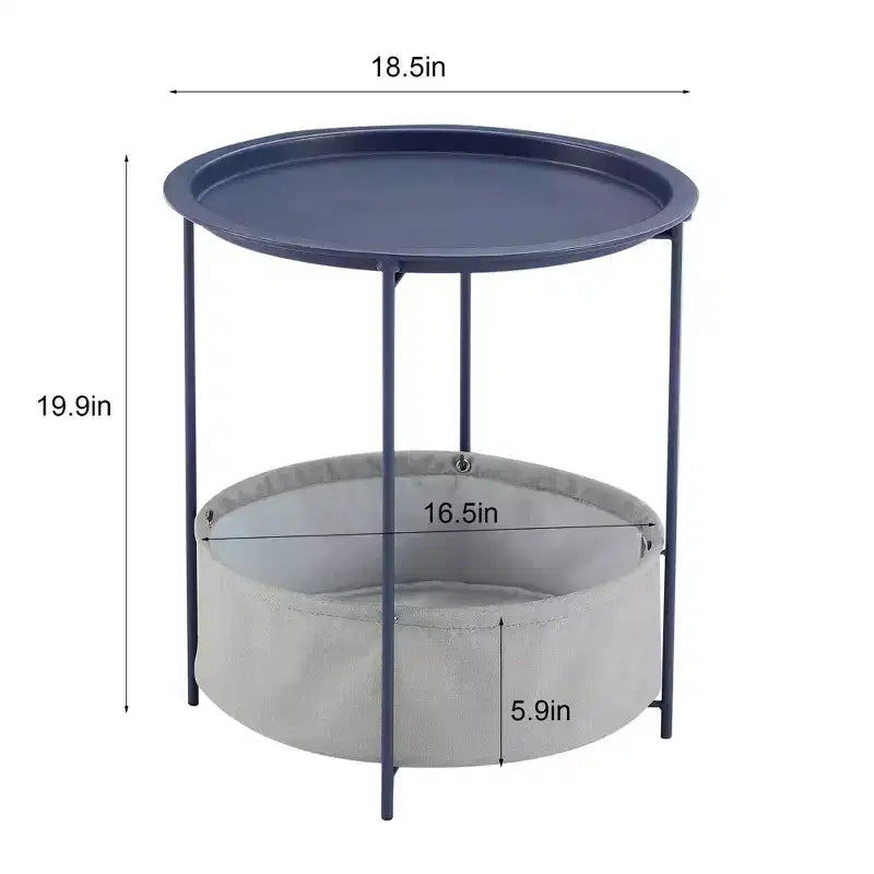 VECELO Round Side/End Table with Fabric Storage Basket, Metal Anti-Rust and Waterproof Small Bedside Nightstand with Removable Tray Top