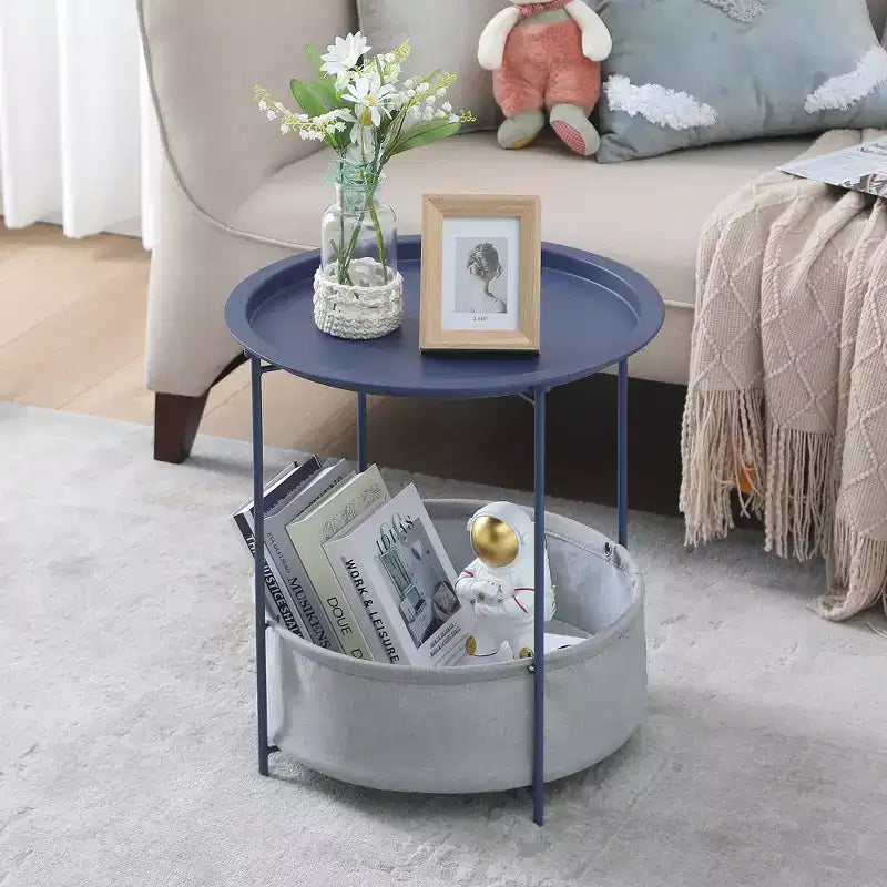 VECELO Round Side/End Table with Fabric Storage Basket, Metal Anti-Rust and Waterproof Small Bedside Nightstand with Removable Tray Top