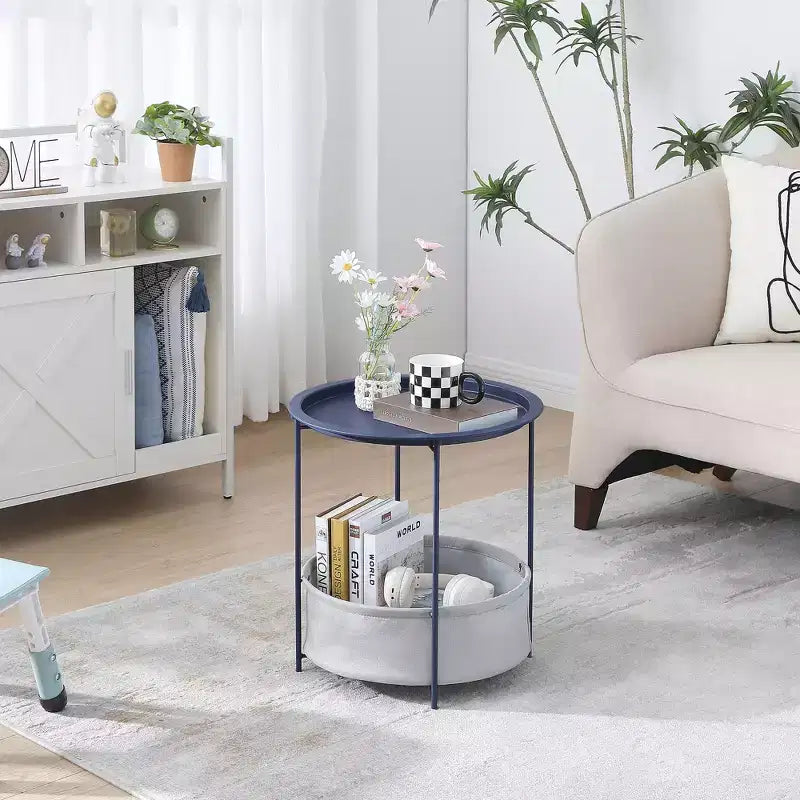VECELO Round Side/End Table with Fabric Storage Basket, Metal Anti-Rust and Waterproof Small Bedside Nightstand with Removable Tray Top