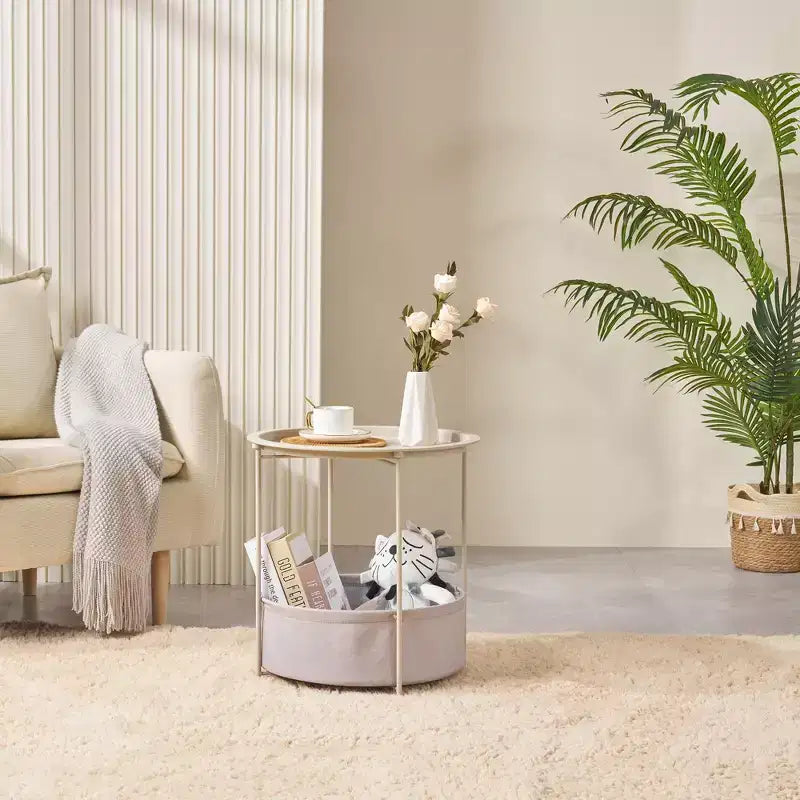 VECELO Round Side/End Table with Fabric Storage Basket, Metal Anti-Rust and Waterproof Small Bedside Nightstand with Removable Tray Top