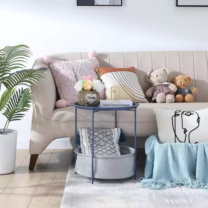 VECELO Round Side/End Table with Fabric Storage Basket, Metal Anti-Rust and Waterproof Small Bedside Nightstand with Removable Tray Top