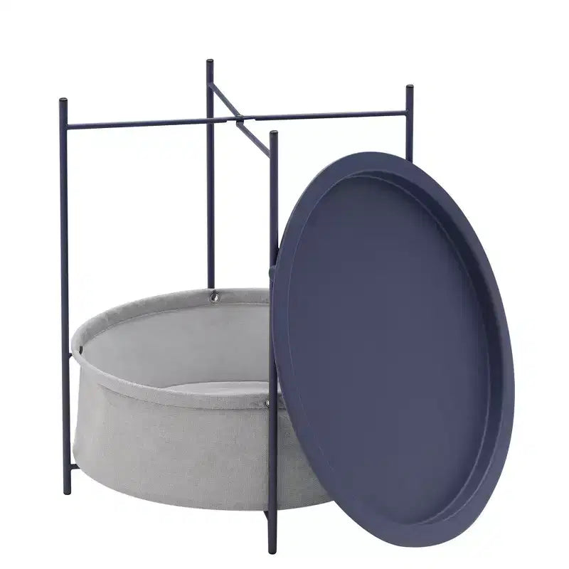 VECELO Round Side/End Table with Fabric Storage Basket, Metal Anti-Rust and Waterproof Small Bedside Nightstand with Removable Tray Top
