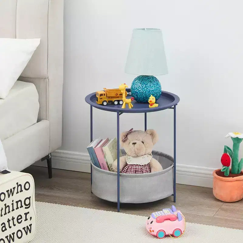 VECELO Round Side/End Table with Fabric Storage Basket, Metal Anti-Rust and Waterproof Small Bedside Nightstand with Removable Tray Top