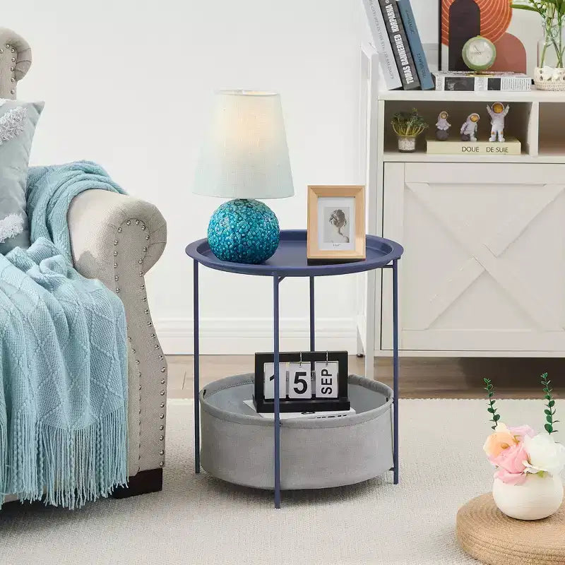 VECELO Round Side/End Table with Fabric Storage Basket, Metal Anti-Rust and Waterproof Small Bedside Nightstand with Removable Tray Top