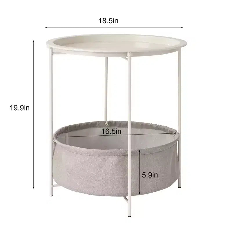 VECELO Round Side/End Table with Fabric Storage Basket, Metal Anti-Rust and Waterproof Small Bedside Nightstand with Removable Tray Top