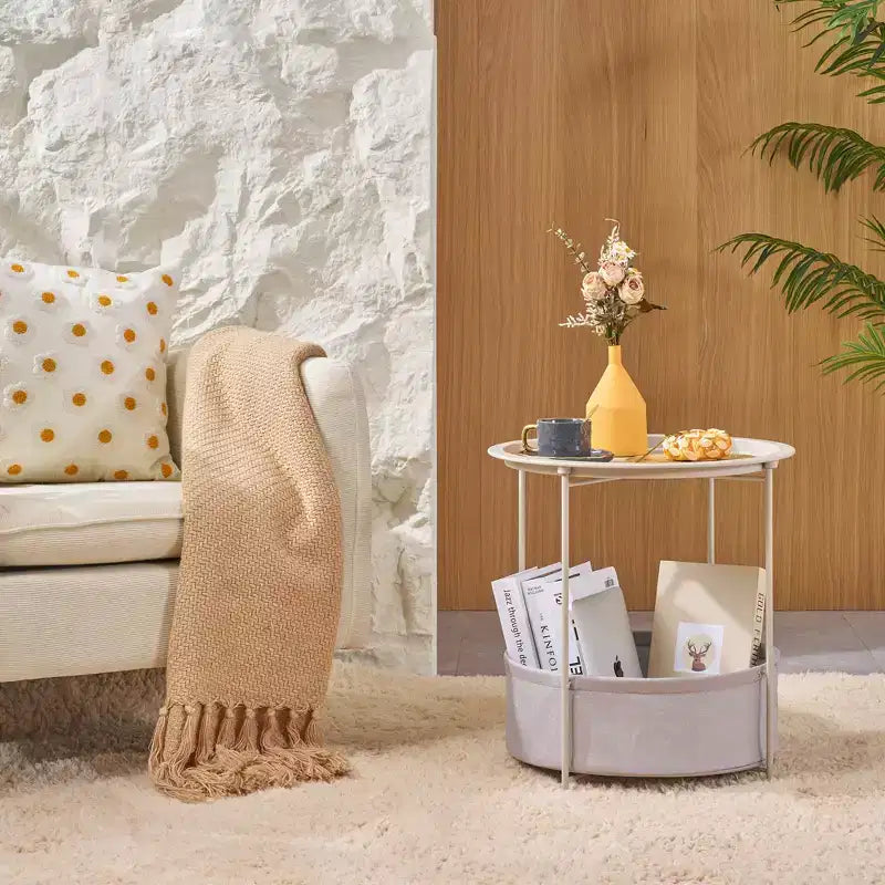 VECELO Round Side/End Table with Fabric Storage Basket, Metal Anti-Rust and Waterproof Small Bedside Nightstand with Removable Tray Top