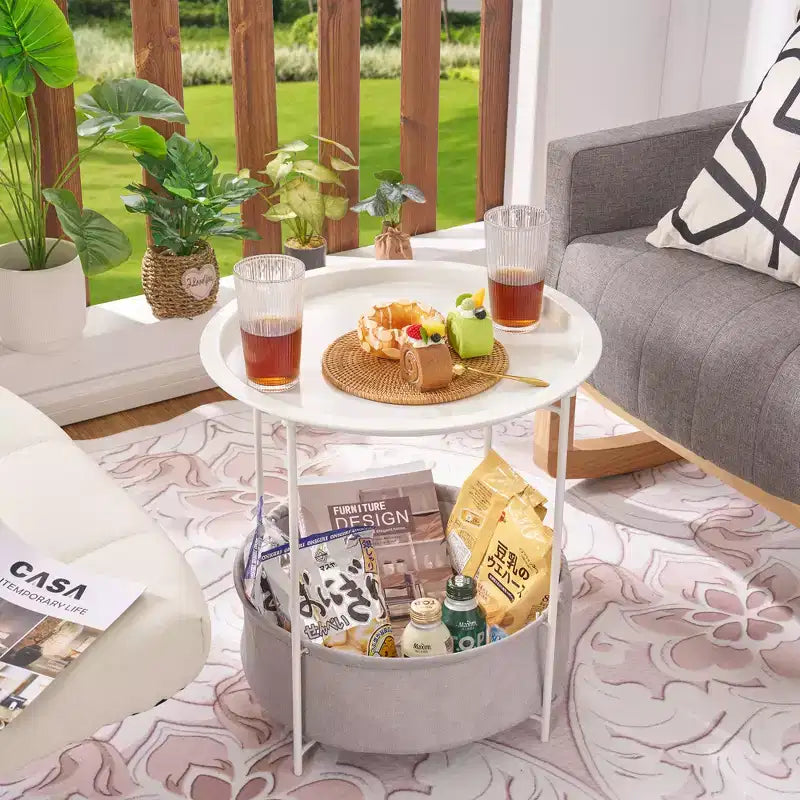 VECELO Round Side/End Table with Fabric Storage Basket, Metal Anti-Rust and Waterproof Small Bedside Nightstand with Removable Tray Top
