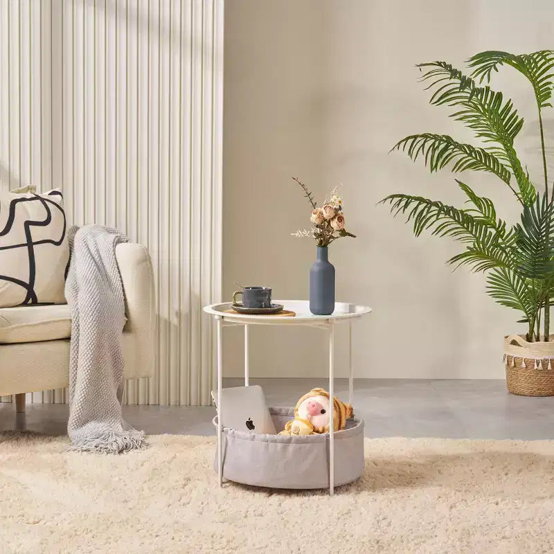VECELO Round Side/End Table with Fabric Storage Basket, Metal Anti-Rust and Waterproof Small Bedside Nightstand with Removable Tray Top