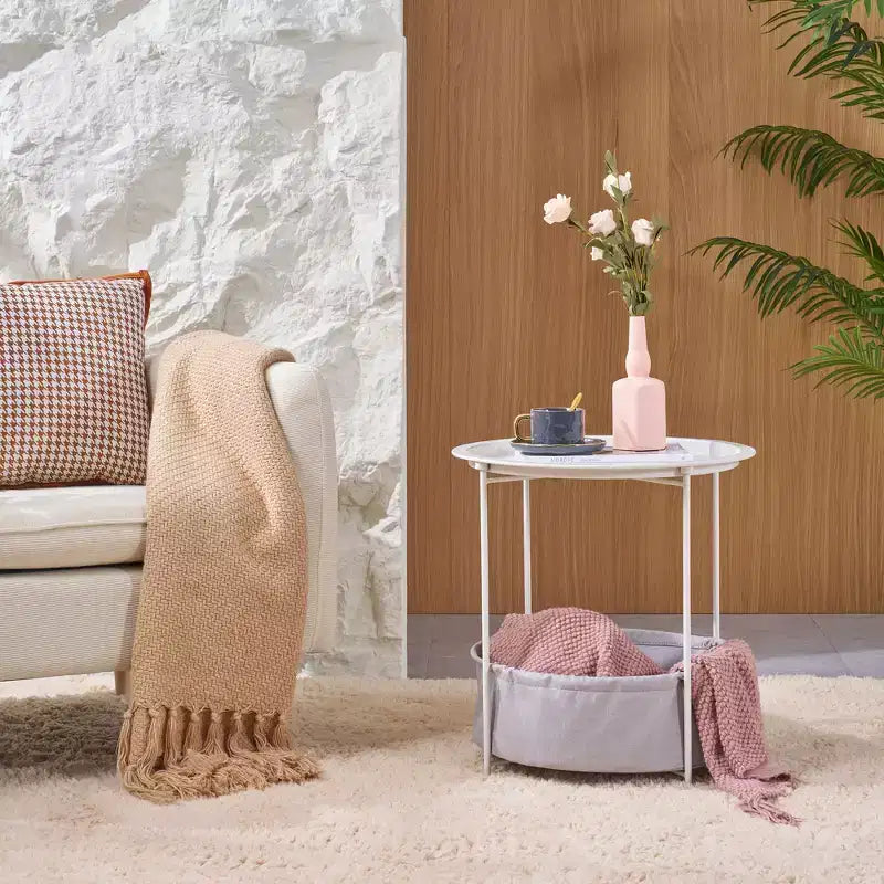 VECELO Round Side/End Table with Fabric Storage Basket, Metal Anti-Rust and Waterproof Small Bedside Nightstand with Removable Tray Top