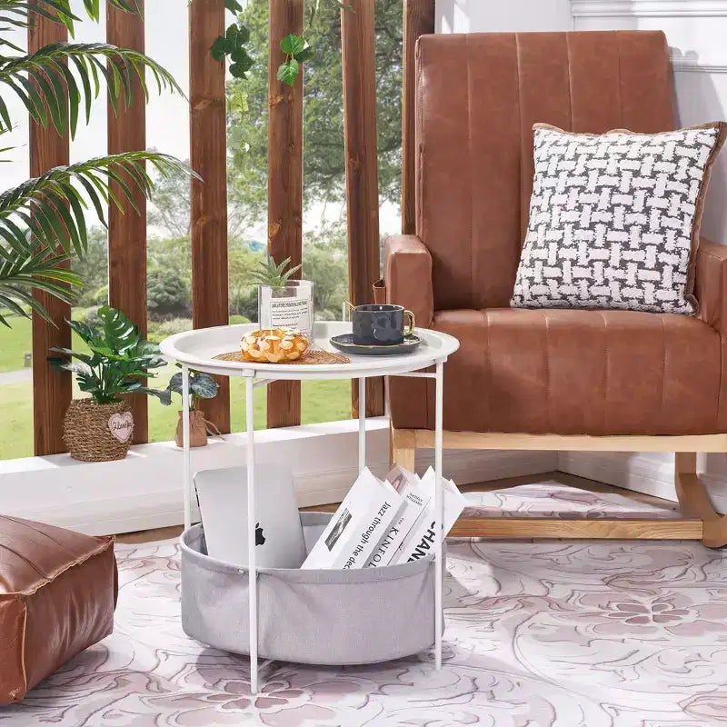 VECELO Round Side/End Table with Fabric Storage Basket, Metal Anti-Rust and Waterproof Small Bedside Nightstand with Removable Tray Top