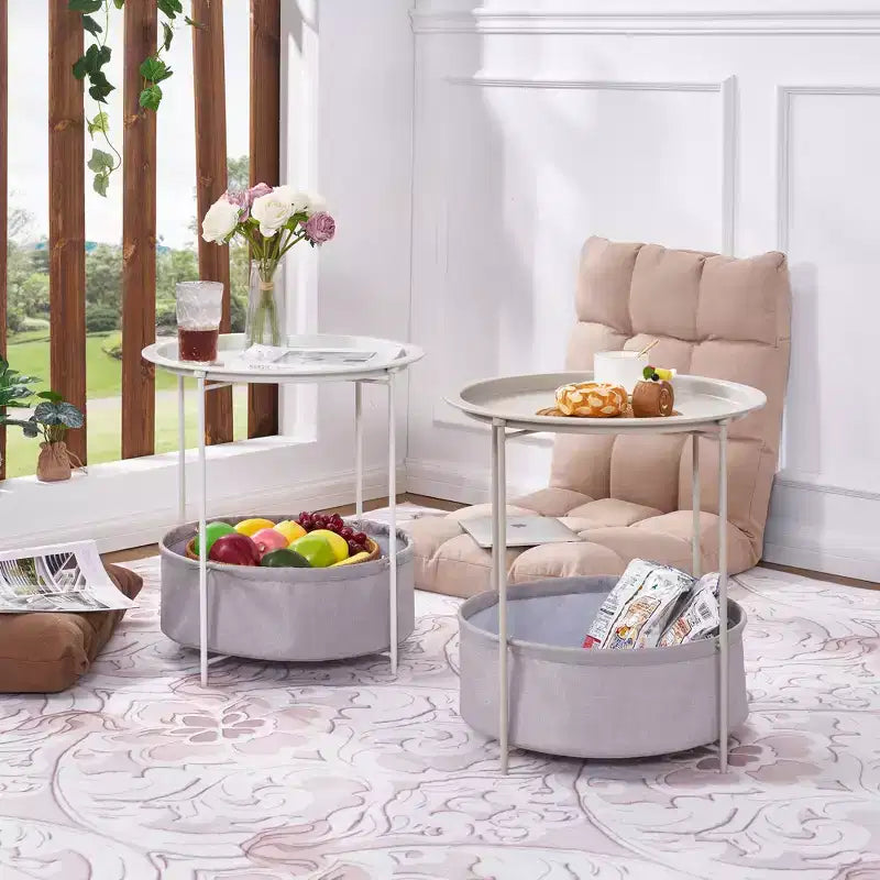 VECELO Round Side/End Table with Fabric Storage Basket, Metal Anti-Rust and Waterproof Small Bedside Nightstand with Removable Tray Top