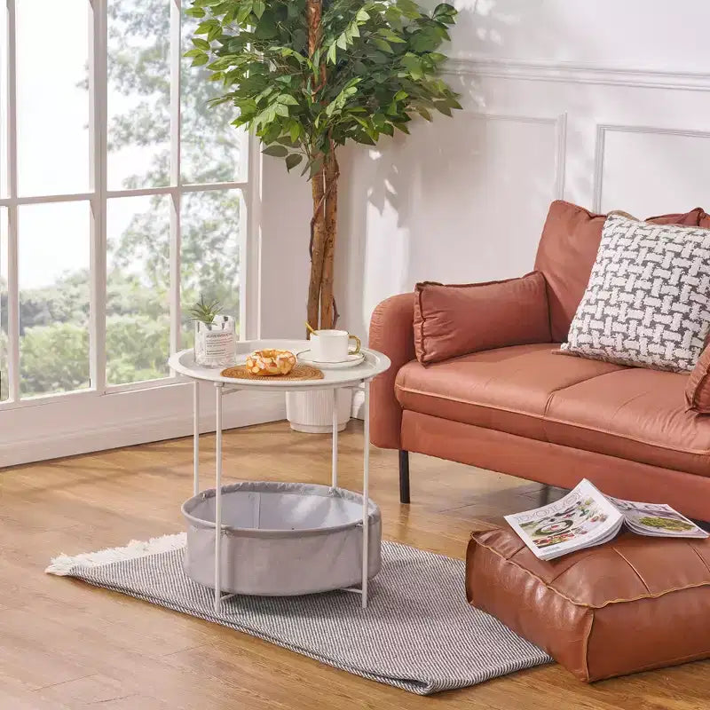 VECELO Round Side/End Table with Fabric Storage Basket, Metal Anti-Rust and Waterproof Small Bedside Nightstand with Removable Tray Top
