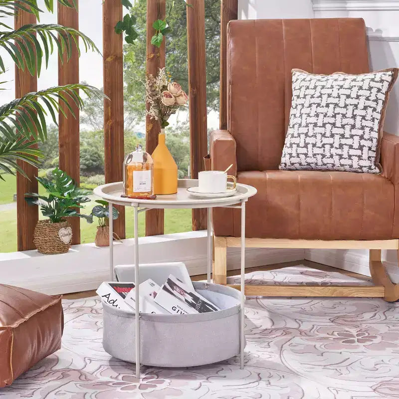 VECELO Round Side/End Table with Fabric Storage Basket, Metal Anti-Rust and Waterproof Small Bedside Nightstand with Removable Tray Top