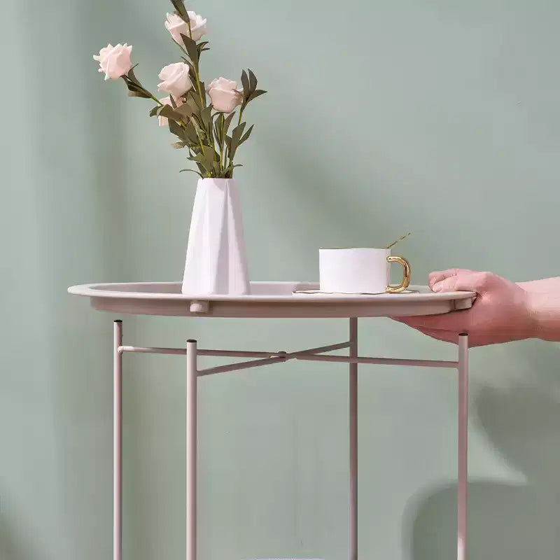 VECELO Round Side/End Table with Fabric Storage Basket, Metal Anti-Rust and Waterproof Small Bedside Nightstand with Removable Tray Top