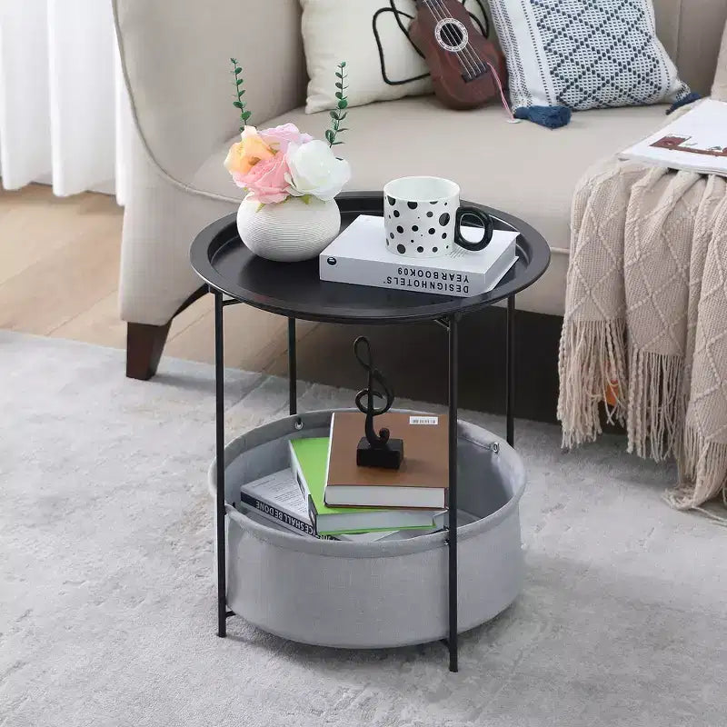 Table d'appoint/de chevet ronde VECELO avec panier de rangement en tissu, petite table de chevet en métal antirouille et étanche avec plateau amovible