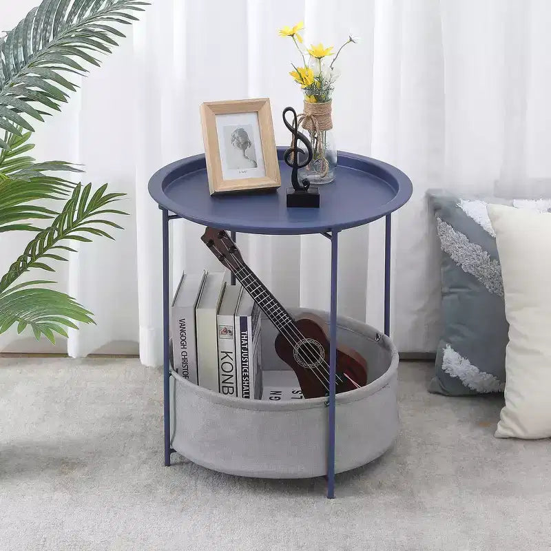 Table d'appoint/de chevet ronde VECELO avec panier de rangement en tissu, petite table de chevet en métal antirouille et étanche avec plateau amovible