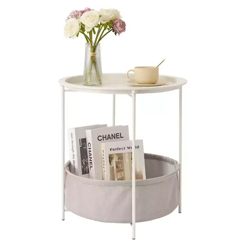 Table d'appoint/de chevet ronde VECELO avec panier de rangement en tissu, petite table de chevet en métal antirouille et étanche avec plateau amovible