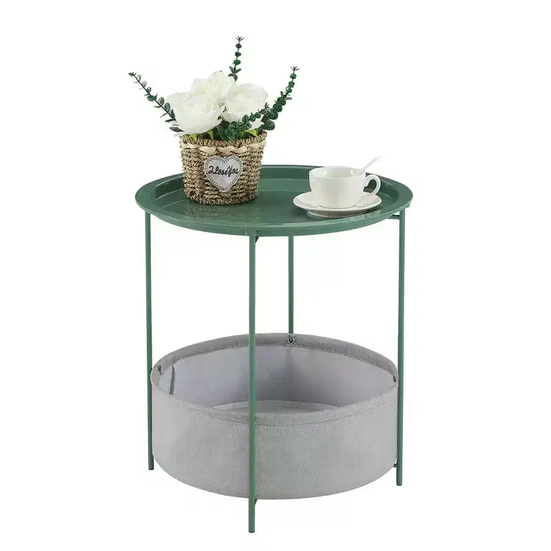 Table d'appoint/de chevet ronde VECELO avec panier de rangement en tissu, petite table de chevet en métal antirouille et étanche avec plateau amovible