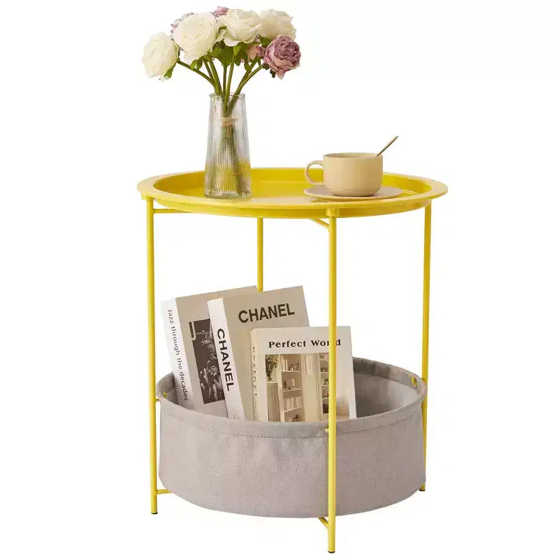 Table d'appoint/de chevet ronde VECELO avec panier de rangement en tissu, petite table de chevet en métal antirouille et étanche avec plateau amovible