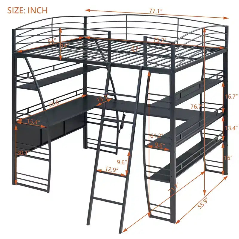 Whisen 77.1L x 56.7W Stylish Design Full Size Metal Frame Loft Bed with Shelves and L-shaped Desk