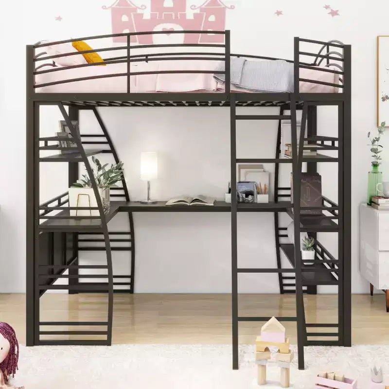 Whisen 77.1L x 56.7W Stylish Design Full Size Metal Frame Loft Bed with Shelves and L-shaped Desk
