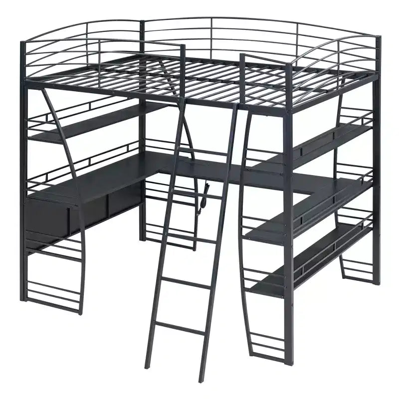 Whisen 77.1L x 56.7W Stylish Design Full Size Metal Frame Loft Bed with Shelves and L-shaped Desk
