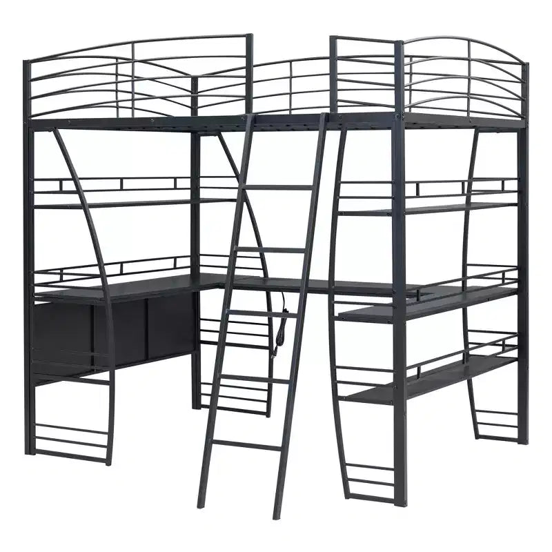 Whisen 77.1L x 56.7W Stylish Design Full Size Metal Frame Loft Bed with Shelves and L-shaped Desk