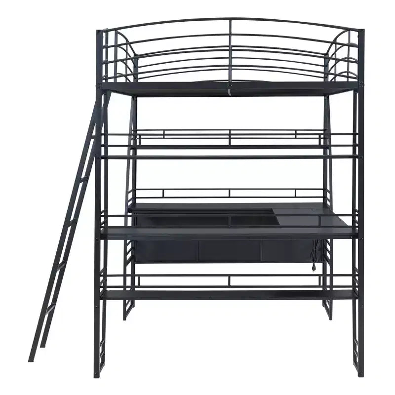Whisen 77.1L x 56.7W Stylish Design Full Size Metal Frame Loft Bed with Shelves and L-shaped Desk