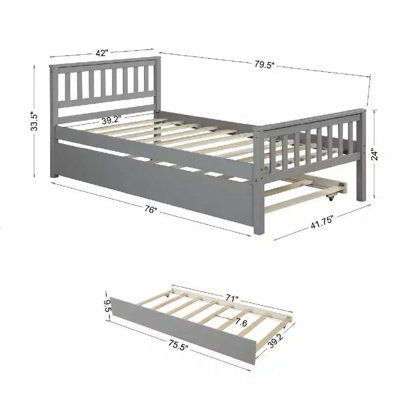 Whisen Twin Size Wood Platform Bed Frame with Trundle, with Headboard and Footboard