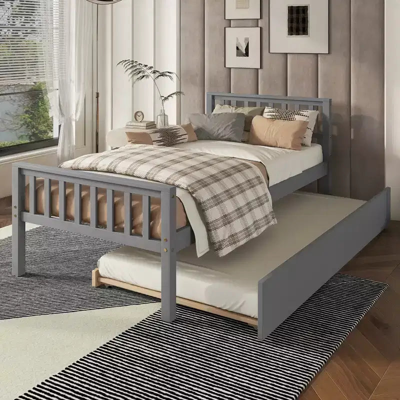 Whisen Twin Size Wood Platform Bed Frame with Trundle, with Headboard and Footboard