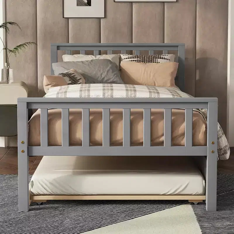 Whisen Twin Size Wood Platform Bed Frame with Trundle, with Headboard and Footboard