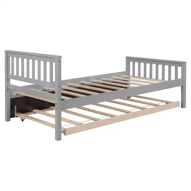 Whisen Twin Size Wood Platform Bed Frame with Trundle, with Headboard and Footboard
